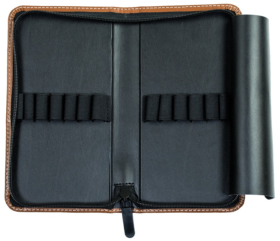 Federmappe mit Reißverschluß für 13 Schreibgeräte CAMBRIDGE Top Grain Rindspaltleder mit heller Kontrastnaht hellbraun